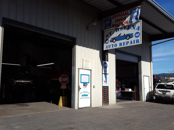 The two service bays and hand-painted sign at St. Helena Auto Repair on McCormick Street.